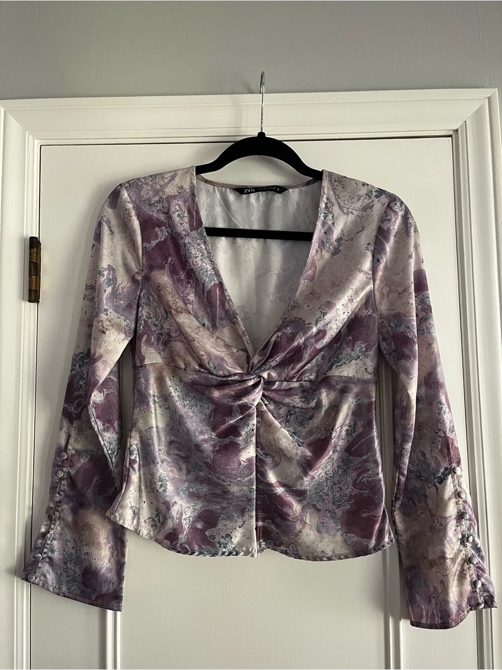 Zara Lavender Marble Twist-Front Satin Blouse